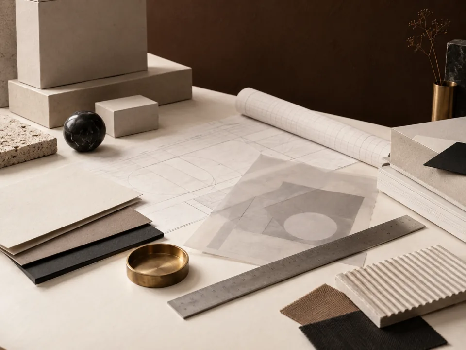 LUMORIA concept still life of blank packaging, grid paper and material swatches