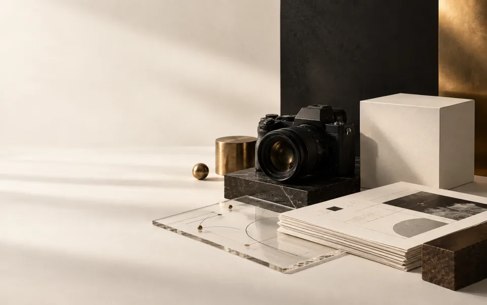LUMORIA concept still life connecting a camera, unbranded packaging and layout sheets