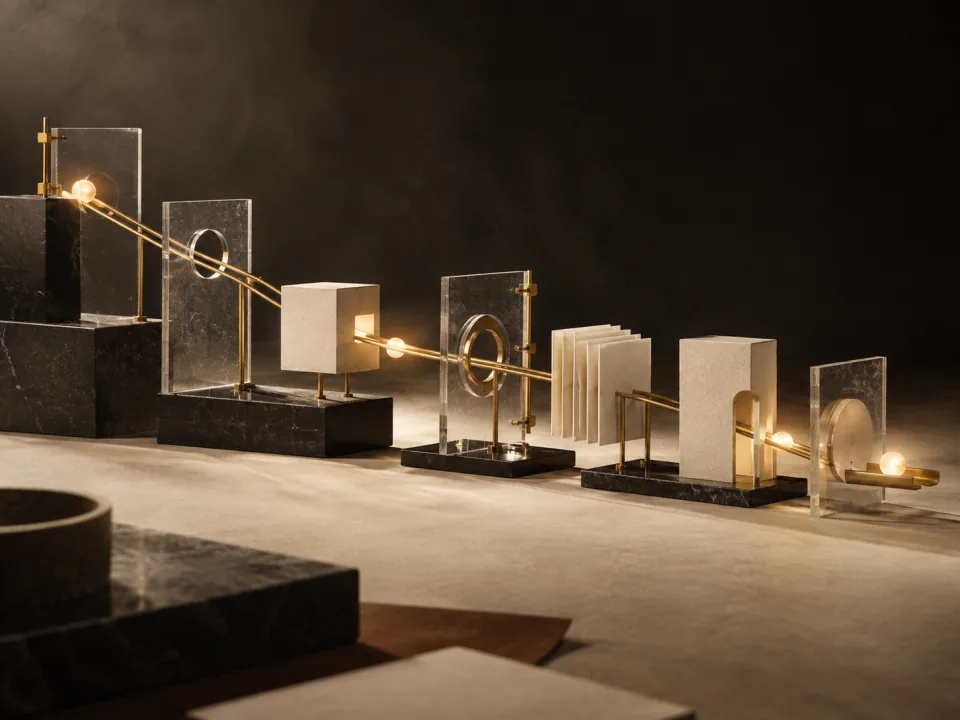LUMORIA concept sculpture of connected acrylic, paper and brass modules