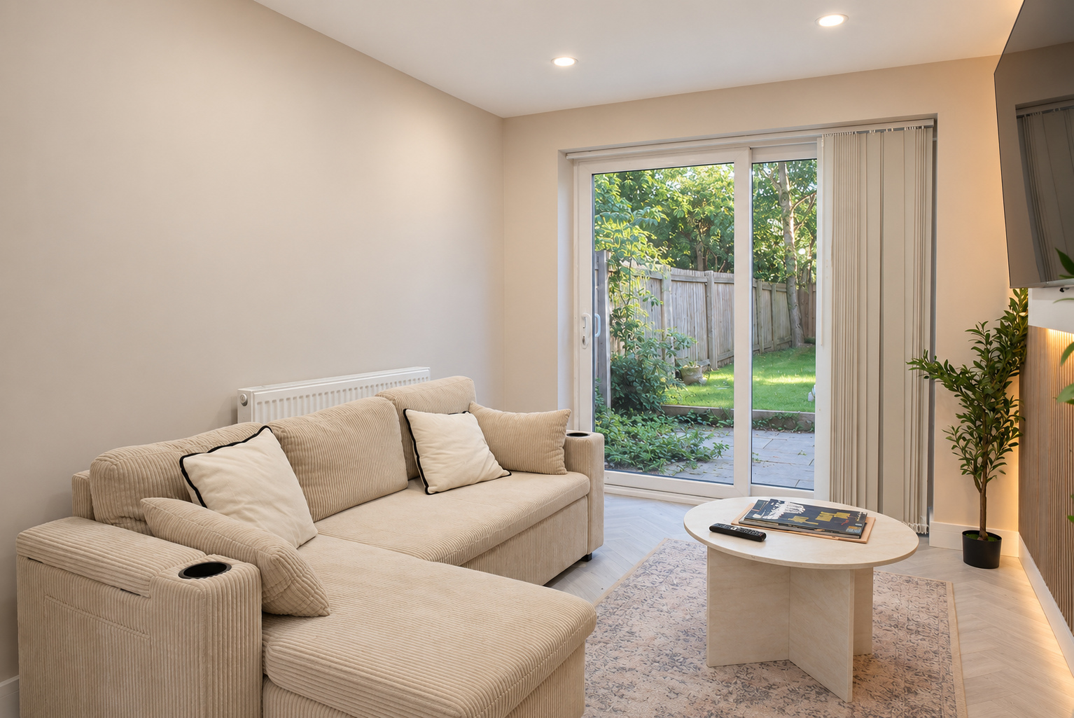 A cream corner sofa and round coffee table beside open garden doors in a contemporary home.
