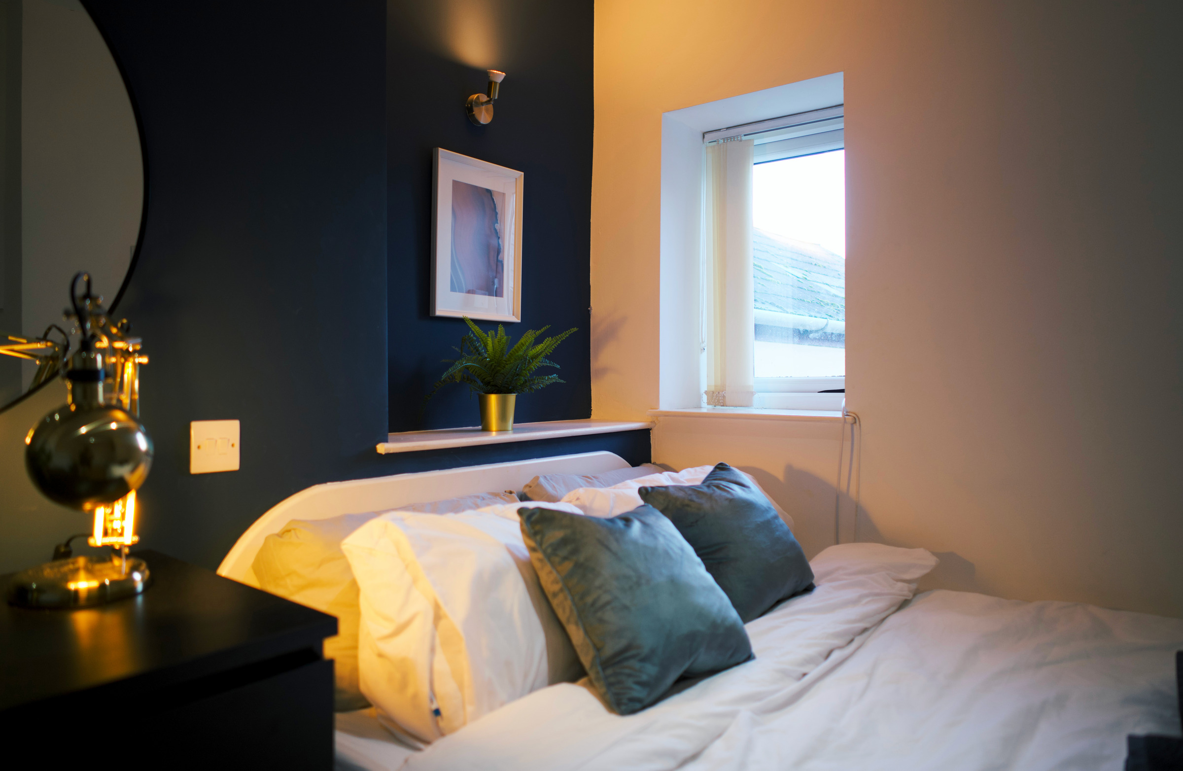 White bed linen and green cushions beside a navy feature wall and bright bedroom window.
