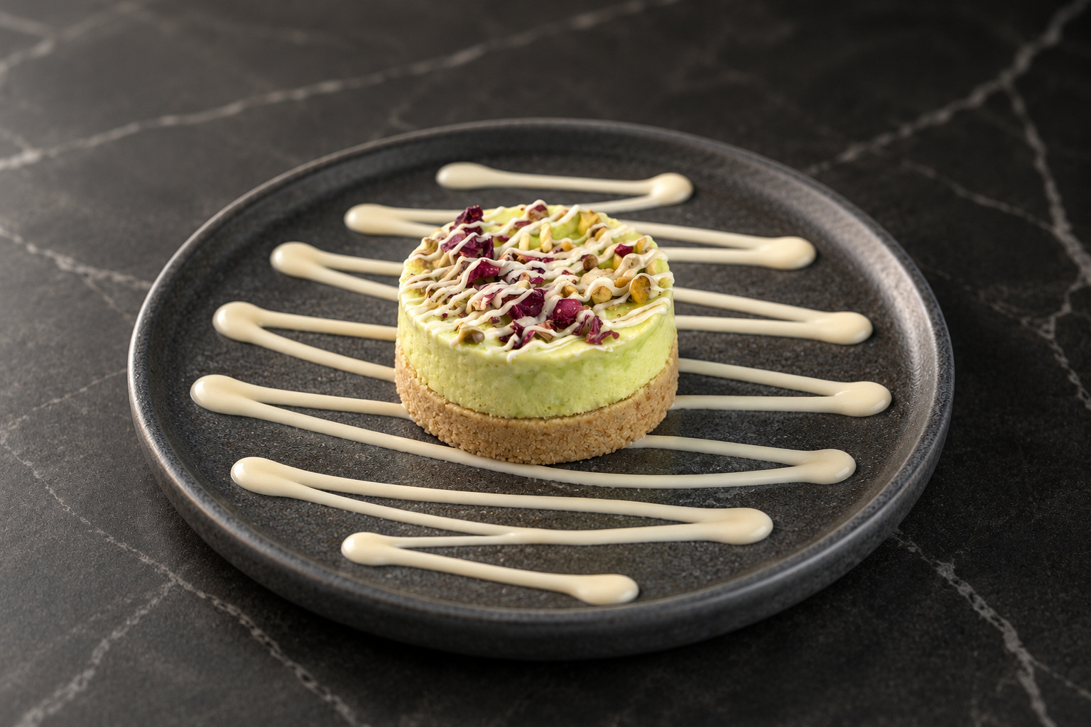 A small layered green cheesecake with a biscuit base, pale drizzle and dried petals on a charcoal plate.