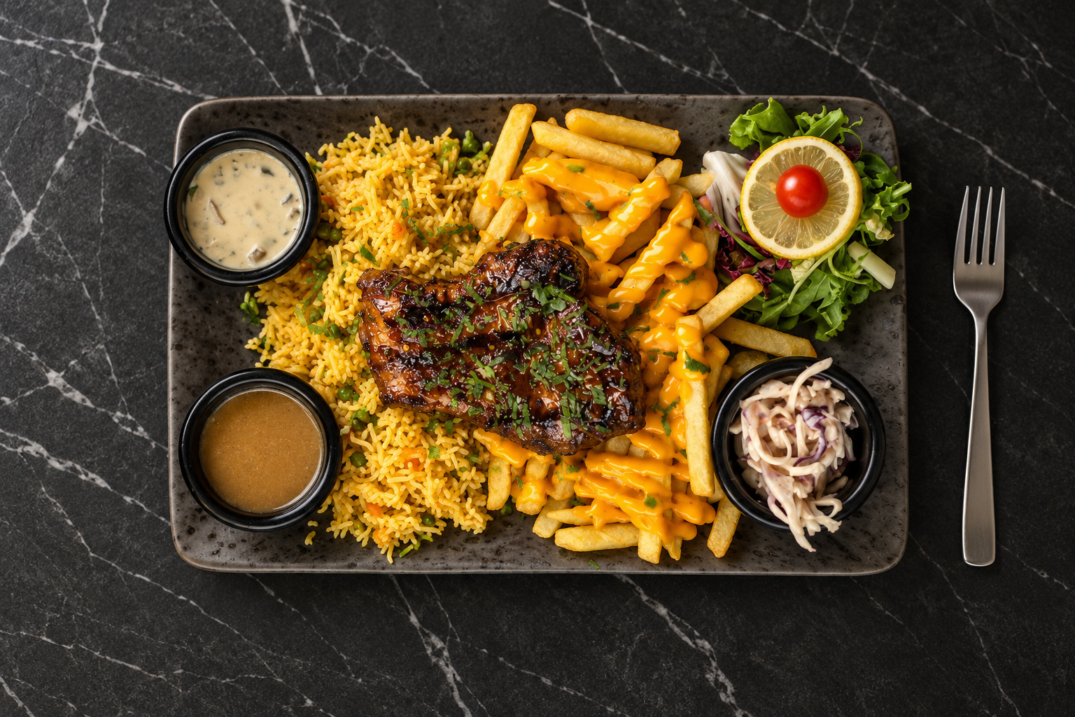 A black platter of glazed protein, rice, cheese-topped fries, salad, coleslaw and two dipping sauces, seen from above.