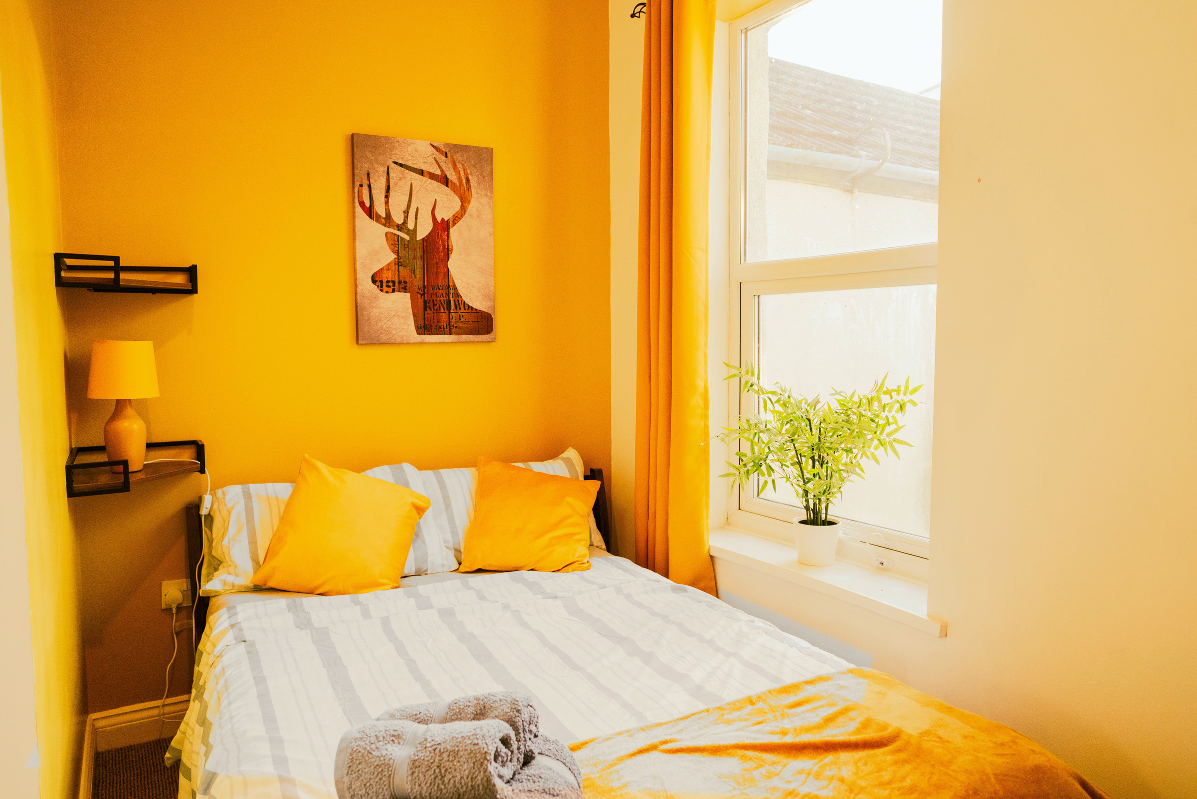 Double bed with mustard bedding, rolled towels and a window beside the yellow feature wall.