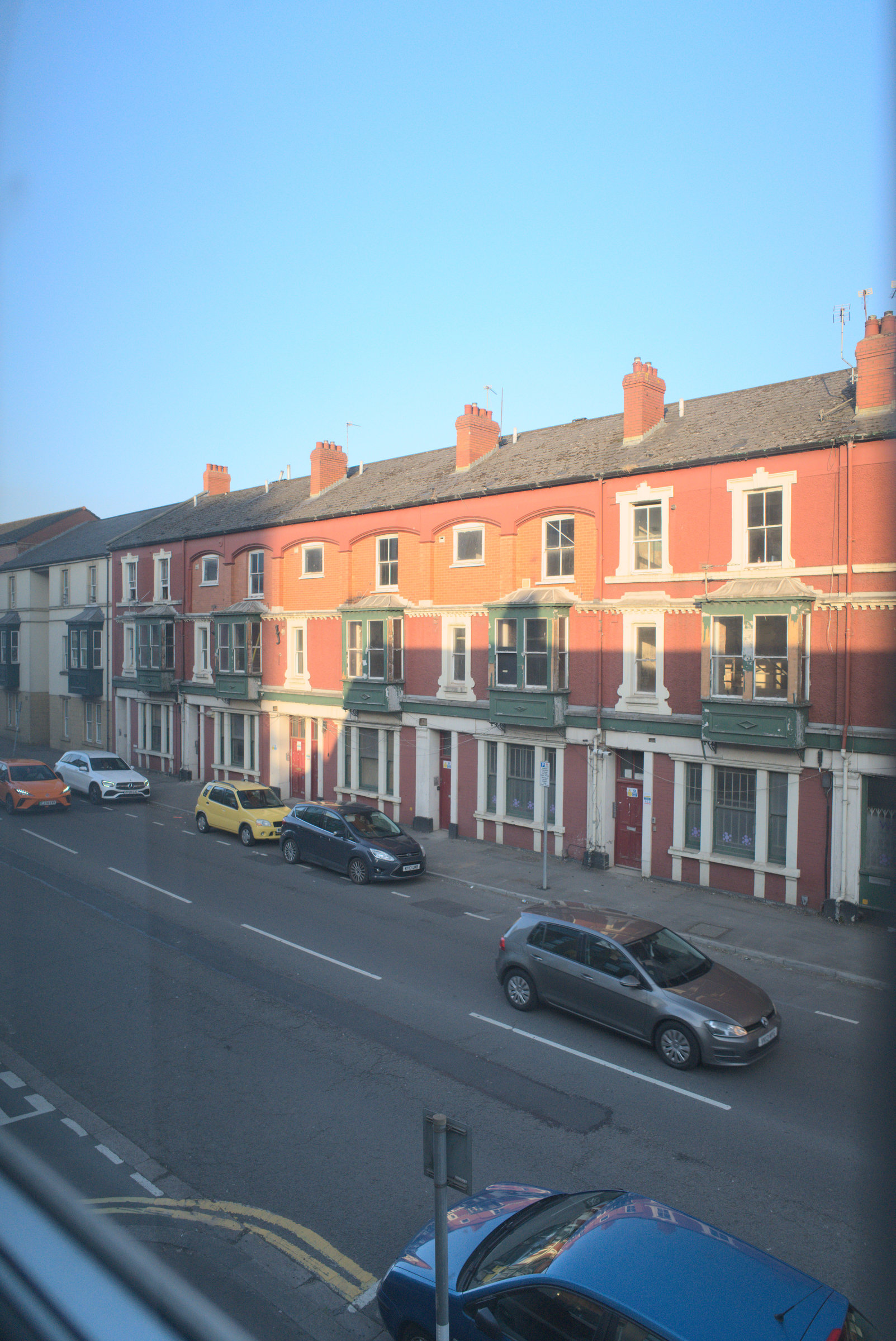 The actual view over red-brick Cardiff terraces from an apartment window.