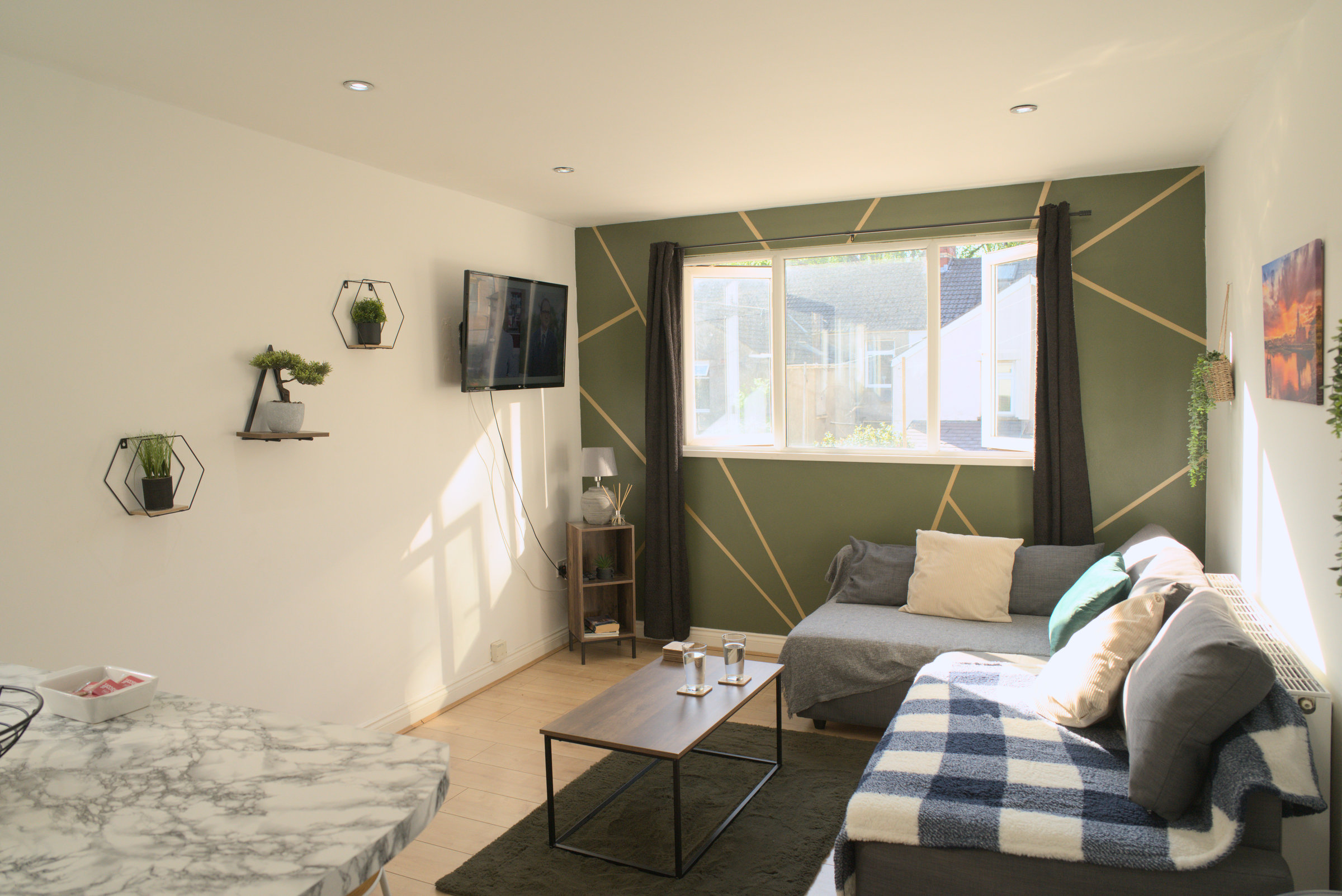 Sunlight across an apartment living room with olive walls, sofa and coffee table.